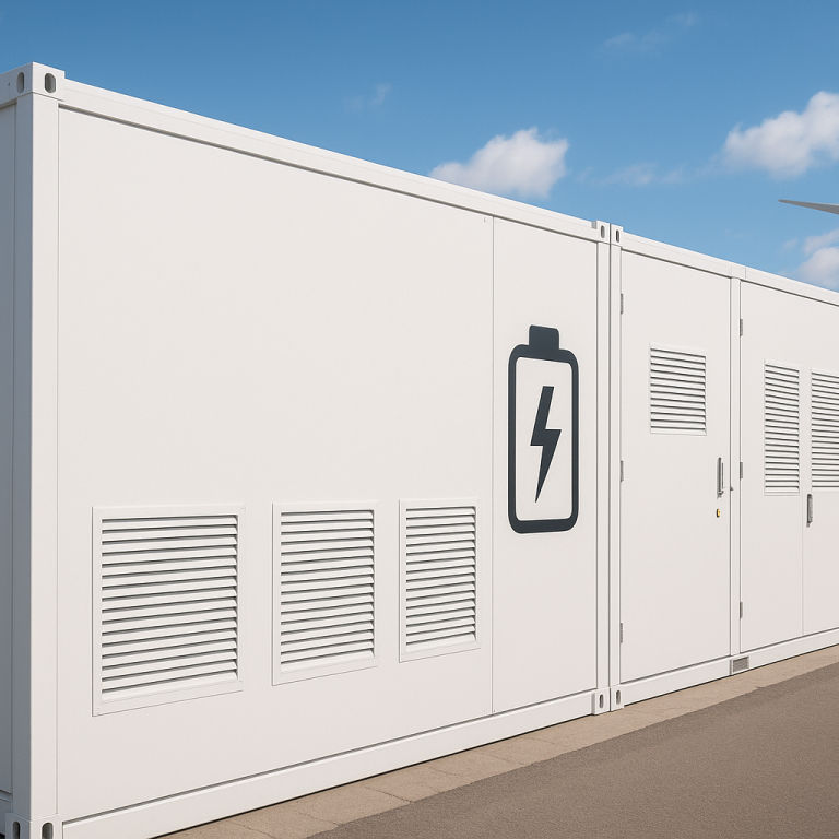 Stationäres Lithium-Ionen-Batterieenergiespeichersystem in einem weißen Container